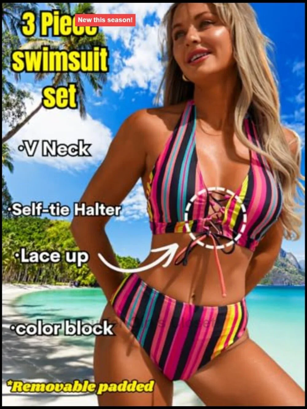 3 Piece Swimsuit Set with Halter Top, High Waisted Bottoms & Cover Up